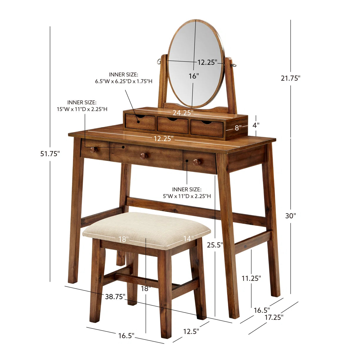 Classic 6-Drawer Vanity Set with Tilt Mirror & Upholstered Stool