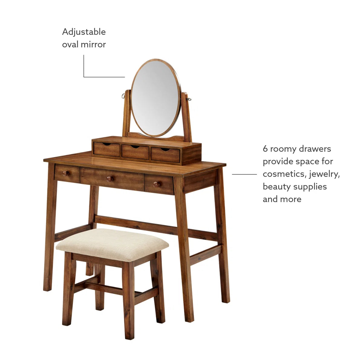 Classic 6-Drawer Vanity Set with Tilt Mirror & Upholstered Stool