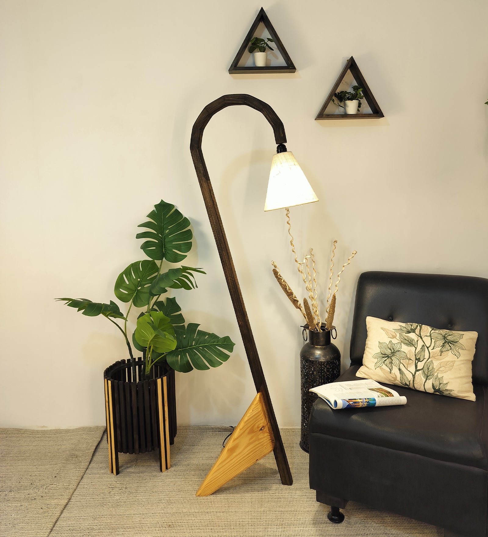 Cygnet Wooden Floor Lamp with Brown Base and Jute Fabric Lampshade