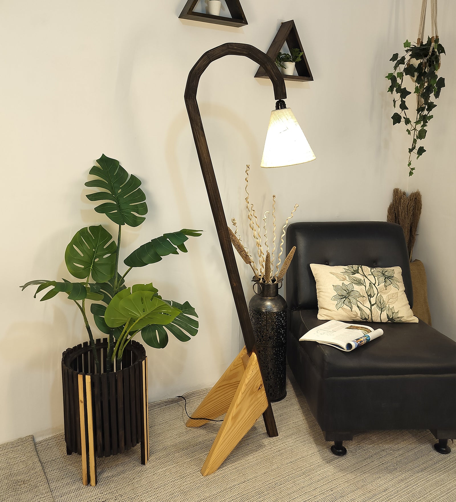 Cygnet Wooden Floor Lamp with Brown Base and Jute Fabric Lampshade