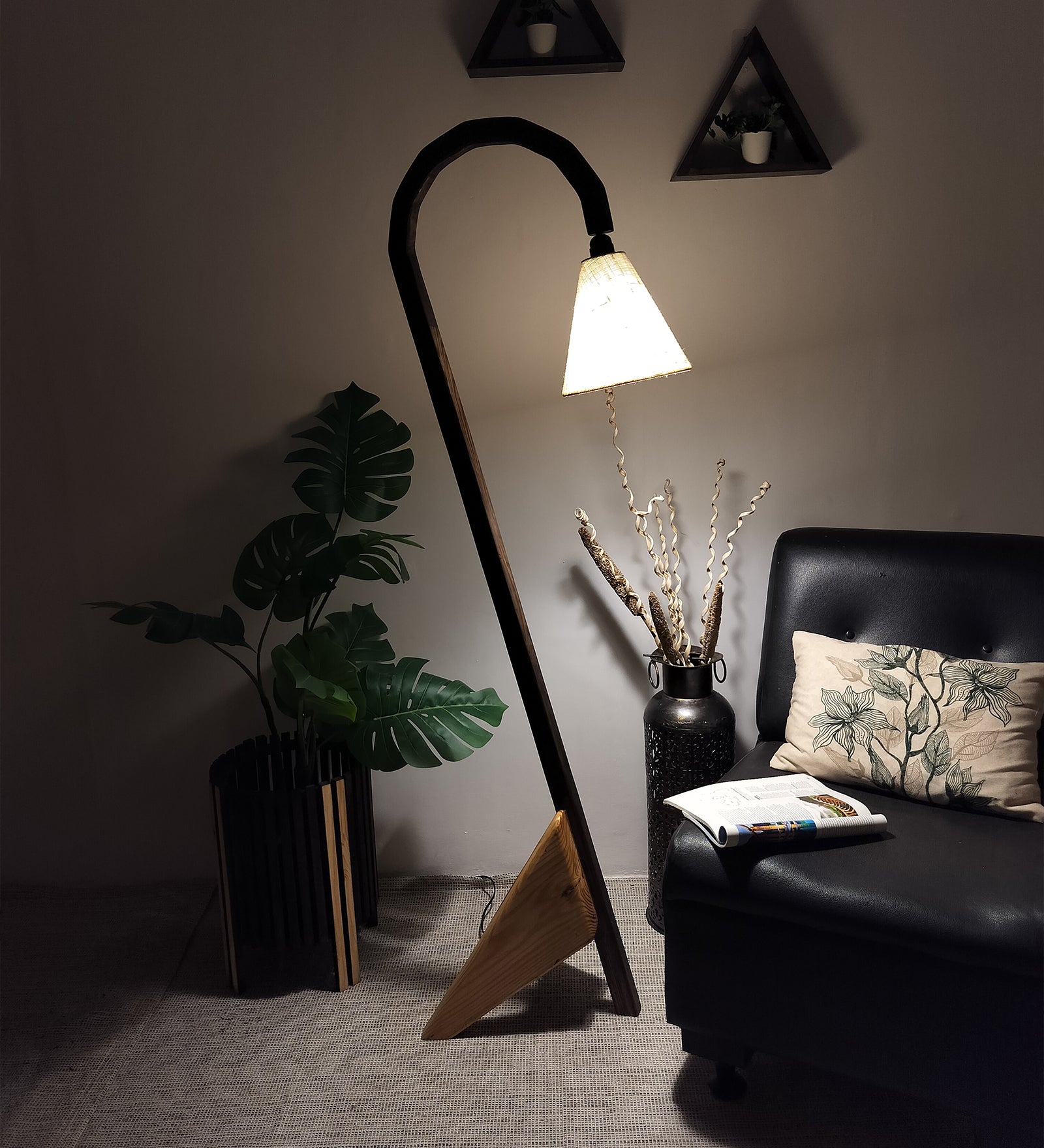 Cygnet Wooden Floor Lamp with Brown Base and Jute Fabric Lampshade