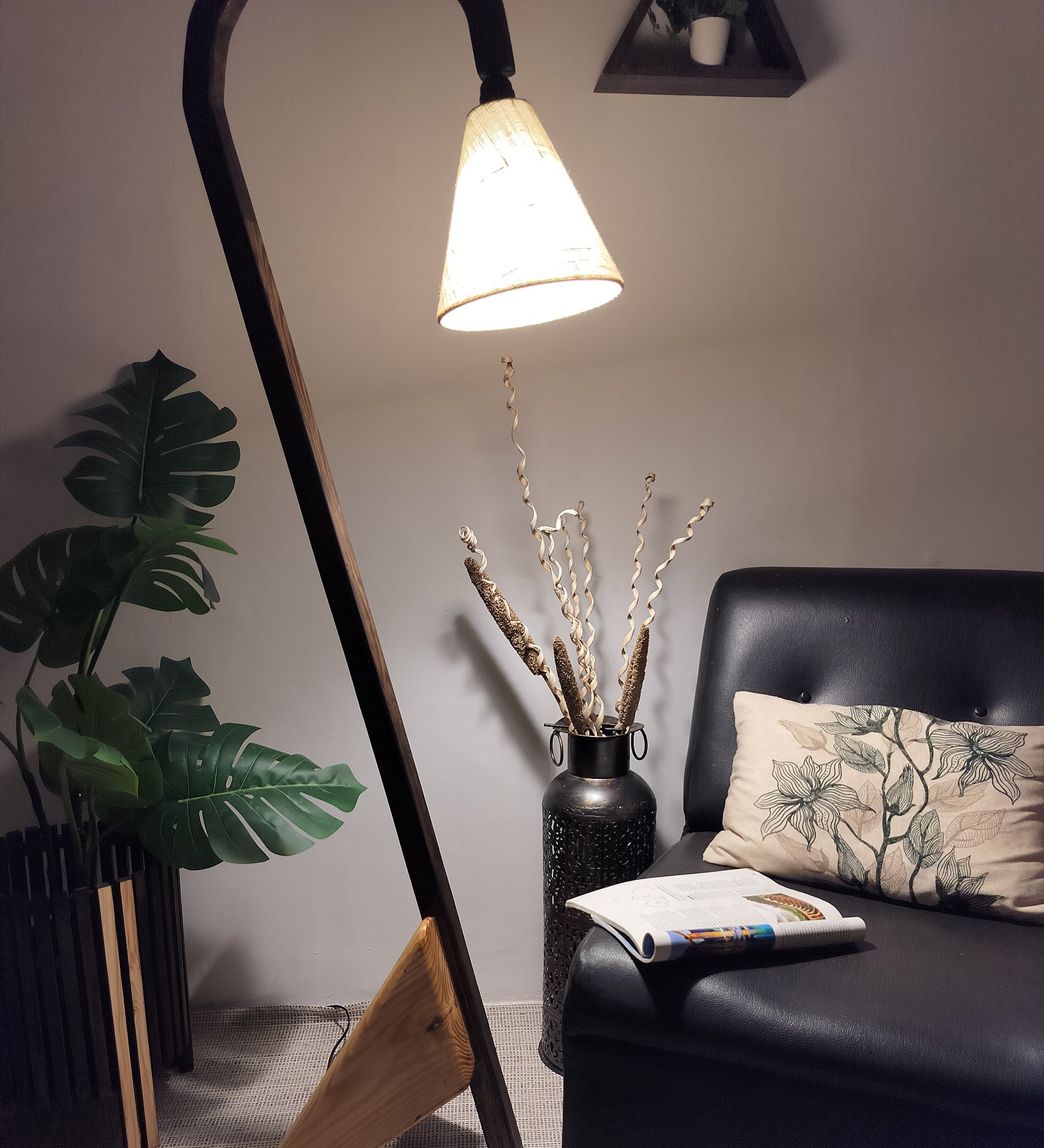 Cygnet Wooden Floor Lamp with Brown Base and Jute Fabric Lampshade