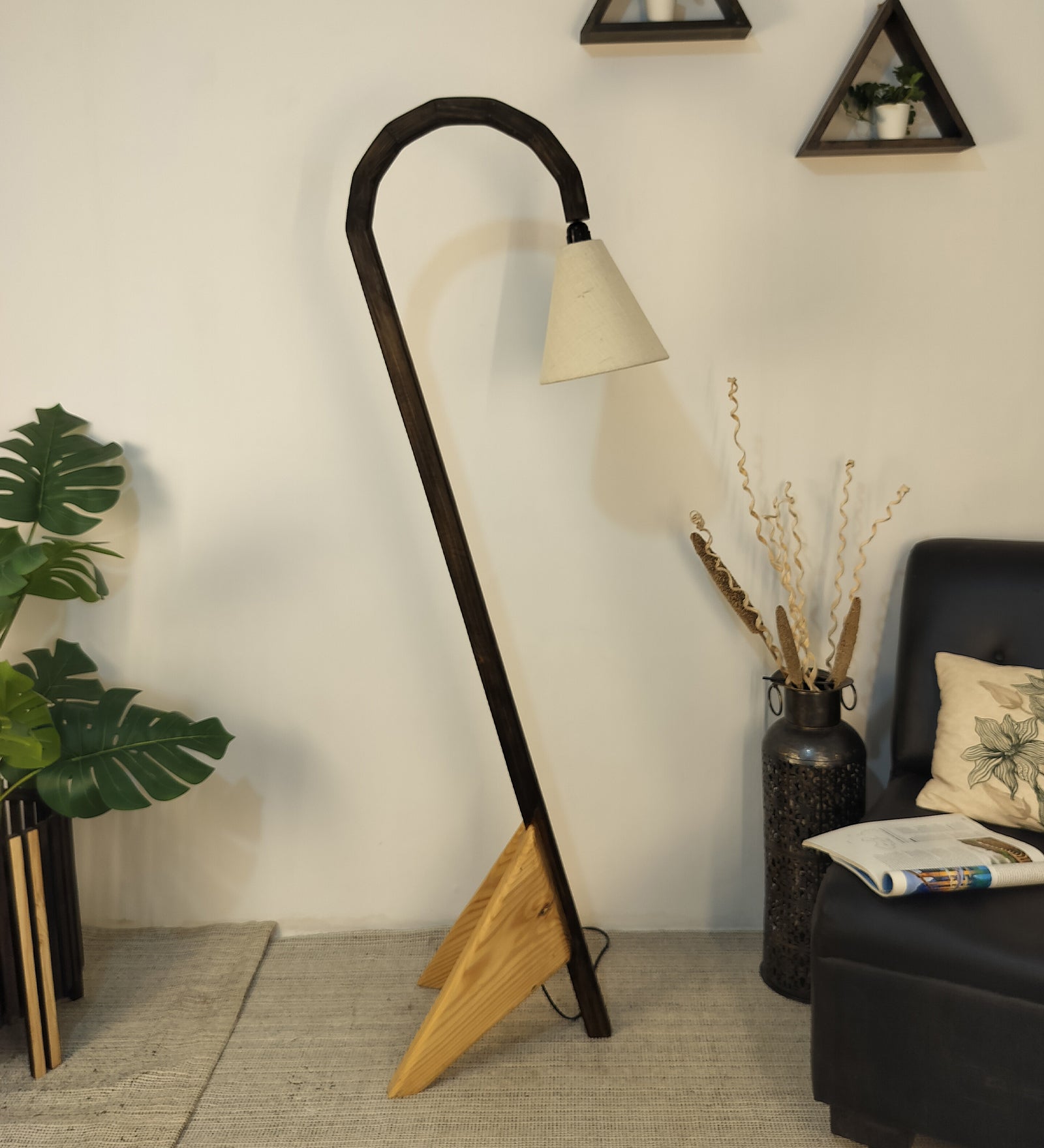 Cygnet Wooden Floor Lamp with Brown Base and Jute Fabric Lampshade