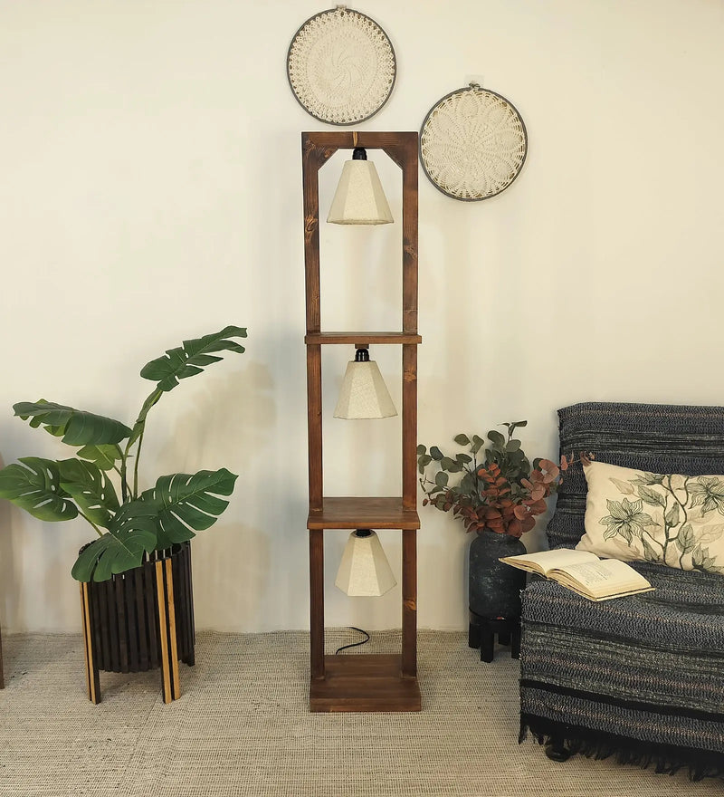 Daffodil-Brown-Wooden-Floor-Lamp-11.jpg Wooden Floor Lamp with Brown Base and Beige Fabric Lampshade (BULB NOT INCLUDED) Save 50% - Image 1
