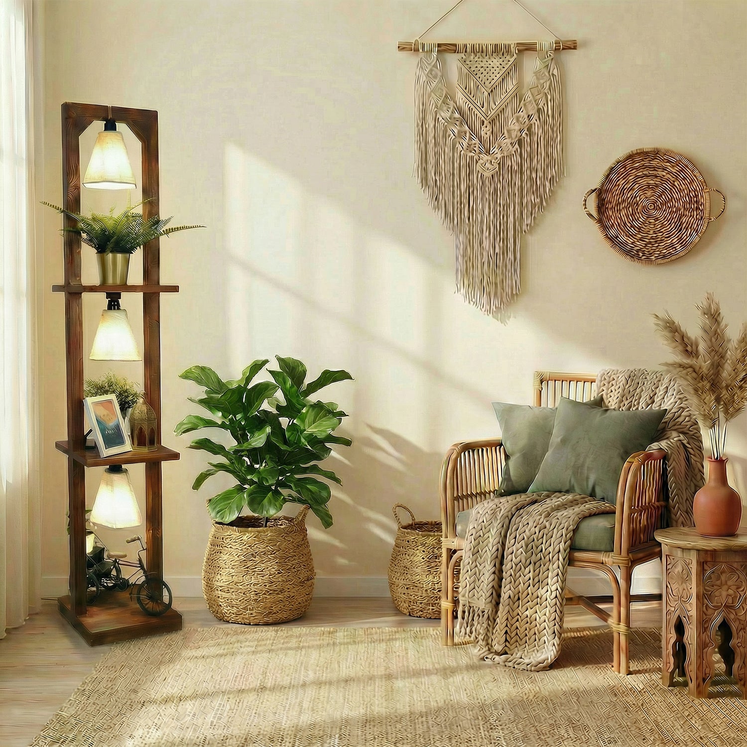 Daffodil Wooden Floor Lamp with Brown Base and Jute Fabric Lampshade (BULB NOT INCLUDED)