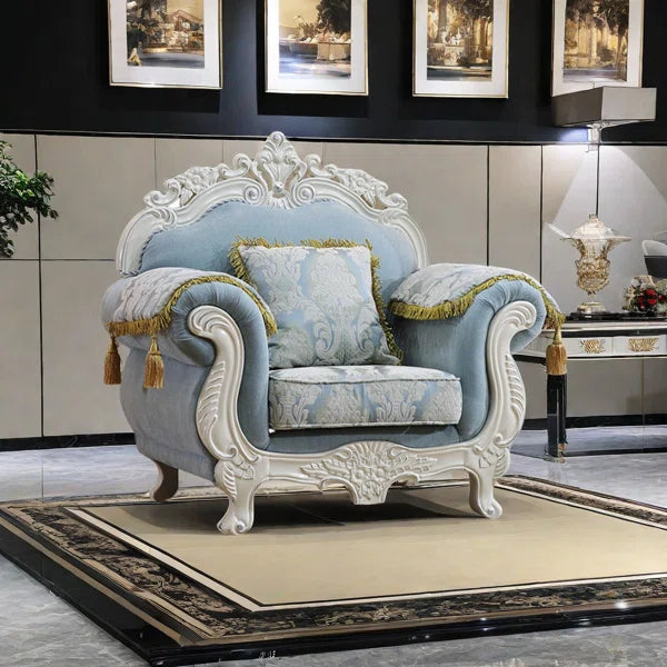 European Style Solid Wood Carved Fabric Sofa – Luxury Upholstered Living Room Sofa