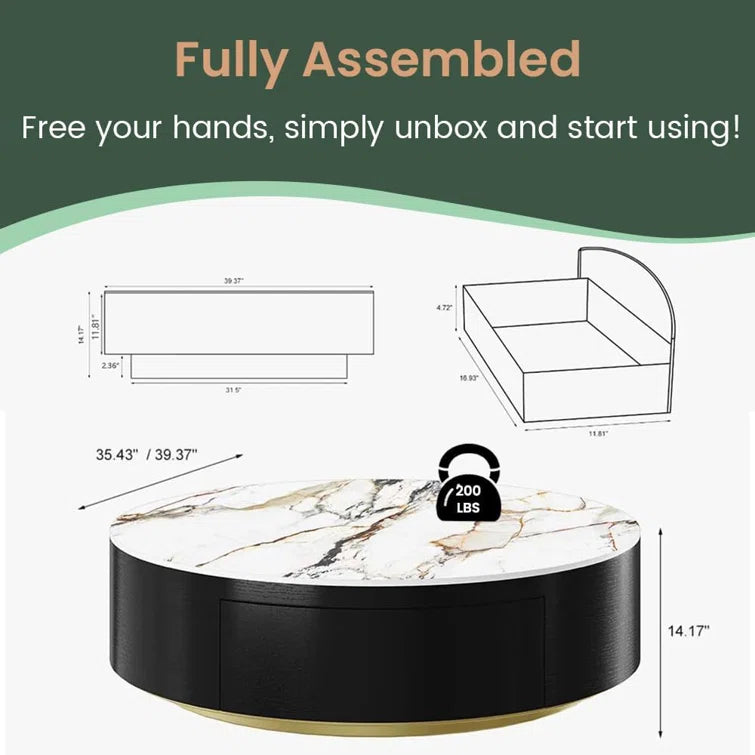 Drum Coffee Table, Sintered Stone Top, 2 Solid Wood Drawers, Fully-Assembled