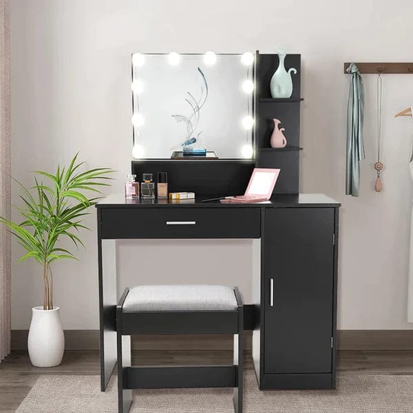 Dylan Vanity dressing table with storage Life Vanity Desk Set with Mirror and Lights, White Makeup Dressing Table with one  Drawer & one Cabinet, Lighting Adjustable Brightness, Suitable for Bedroom/Bathroom, Wooden
