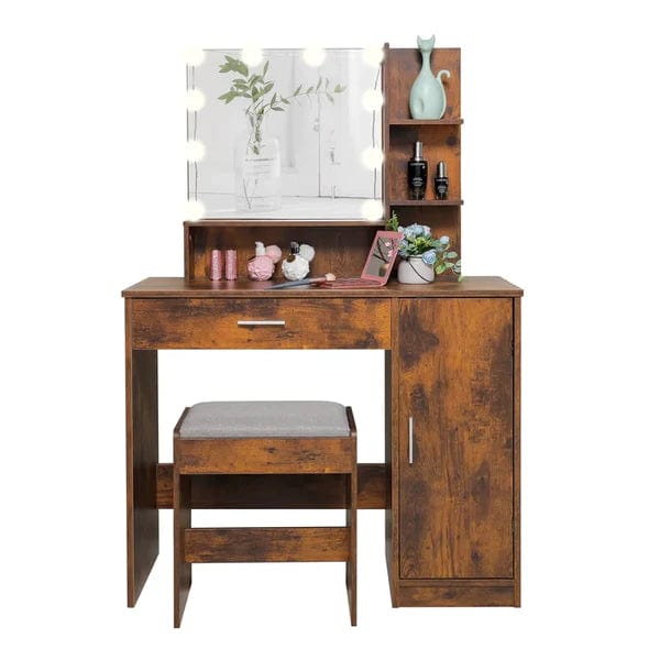 Dylan Vanity dressing table with storage Life Vanity Desk Set with Mirror and Lights, White Makeup Dressing Table with one  Drawer & one Cabinet, Lighting Adjustable Brightness, Suitable for Bedroom/Bathroom, Wooden