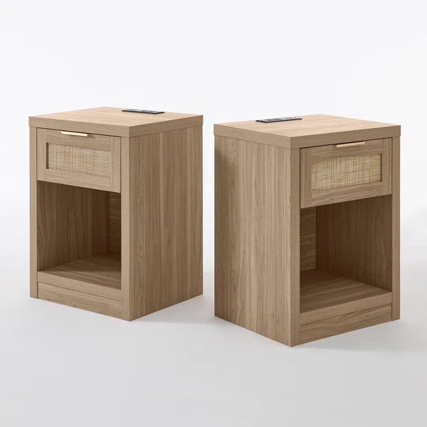 Bohemian Rattan Bedside Tables Set of 2 – Wooden Nightstands with Drawer, Shelf & Charging Station