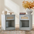 Bohemian Rattan Bedside Tables Set of 2 – Wooden Nightstands with Drawer, Shelf & Charging Station