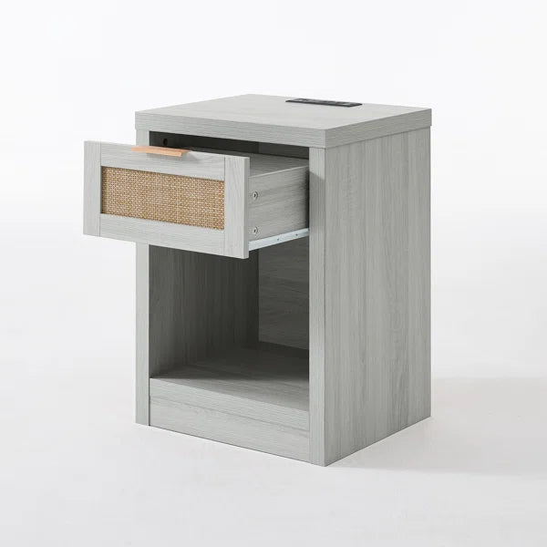 Bohemian Rattan Bedside Tables Set of 2 – Wooden Nightstands with Drawer, Shelf & Charging Station