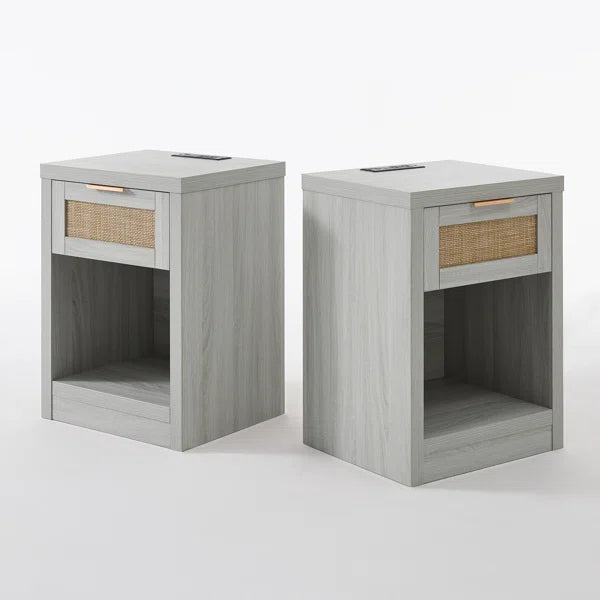 Bohemian Rattan Bedside Tables Set of 2 – Wooden Nightstands with Drawer, Shelf & Charging Station