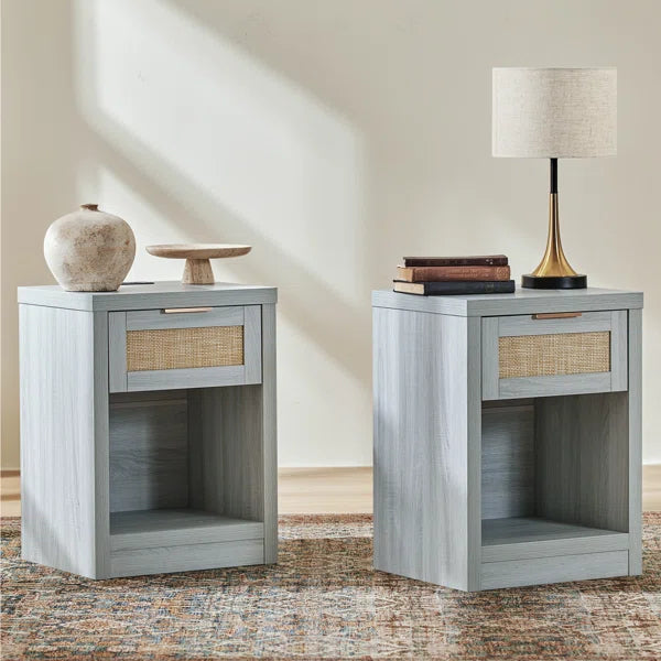 Bohemian Rattan Bedside Tables Set of 2 – Wooden Nightstands with Drawer, Shelf & Charging Station