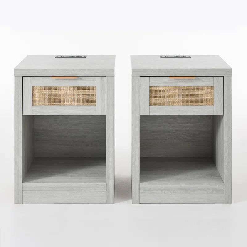 Bohemian Rattan Bedside Tables Set of 2 – Wooden Nightstands with Drawer, Shelf & Charging Station