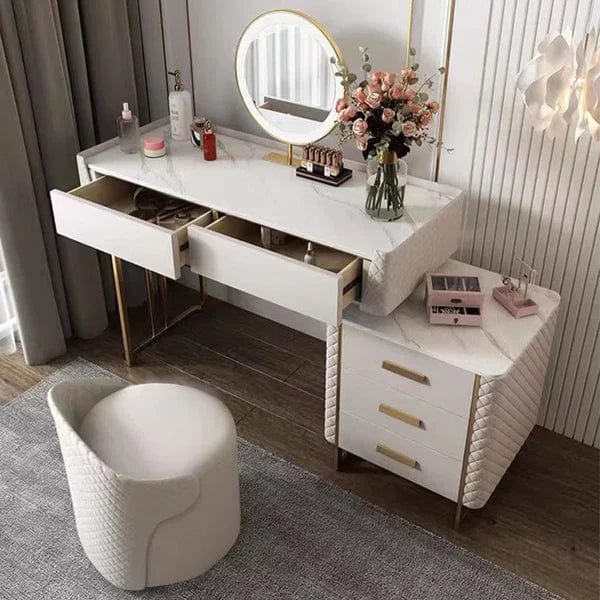 ISAK Wide Vanity with Mirror Vanity wooden dressing table design with stool, Vanity Table, Retractable Makeup with LED Mirror and 5 Spacious Drawers, Vanity Desk with Cabinet,  Dressing Table for Bedroom Essential
