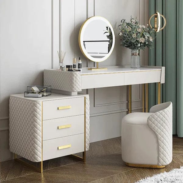 ISAK Wide Vanity with Mirror Vanity wooden dressing table design with stool, Vanity Table, Retractable Makeup with LED Mirror and 5 Spacious Drawers, Vanity Desk with Cabinet,  Dressing Table for Bedroom Essential