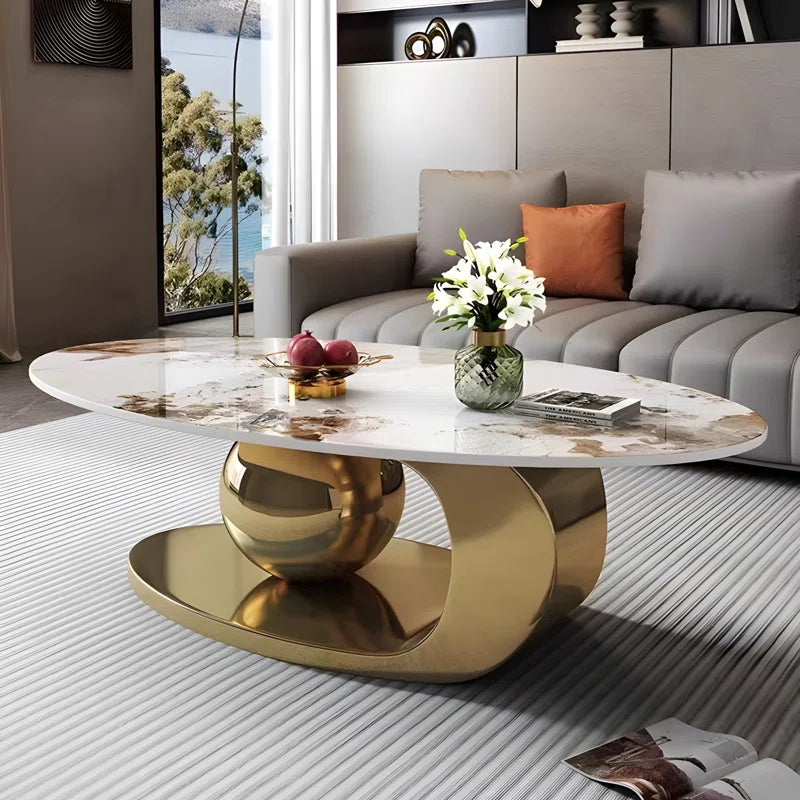 Modern Rock Slab Coffee Table with Gold Base & 2-Tier Storage Shelf
