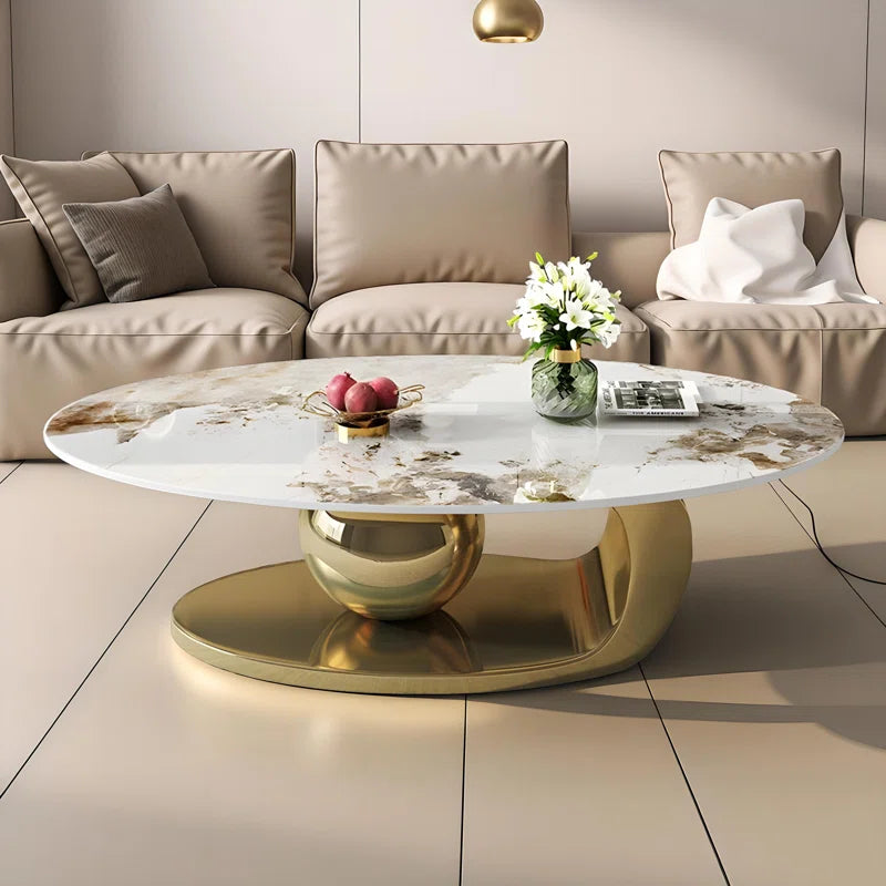 Modern Rock Slab Coffee Table with Gold Base & 2-Tier Storage Shelf