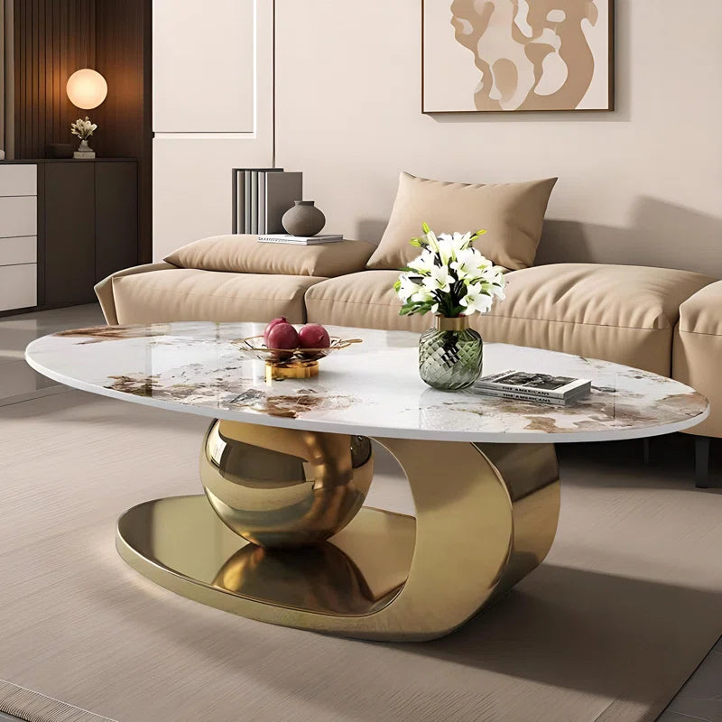 Modern Rock Slab Coffee Table with Gold Base & 2-Tier Storage Shelf