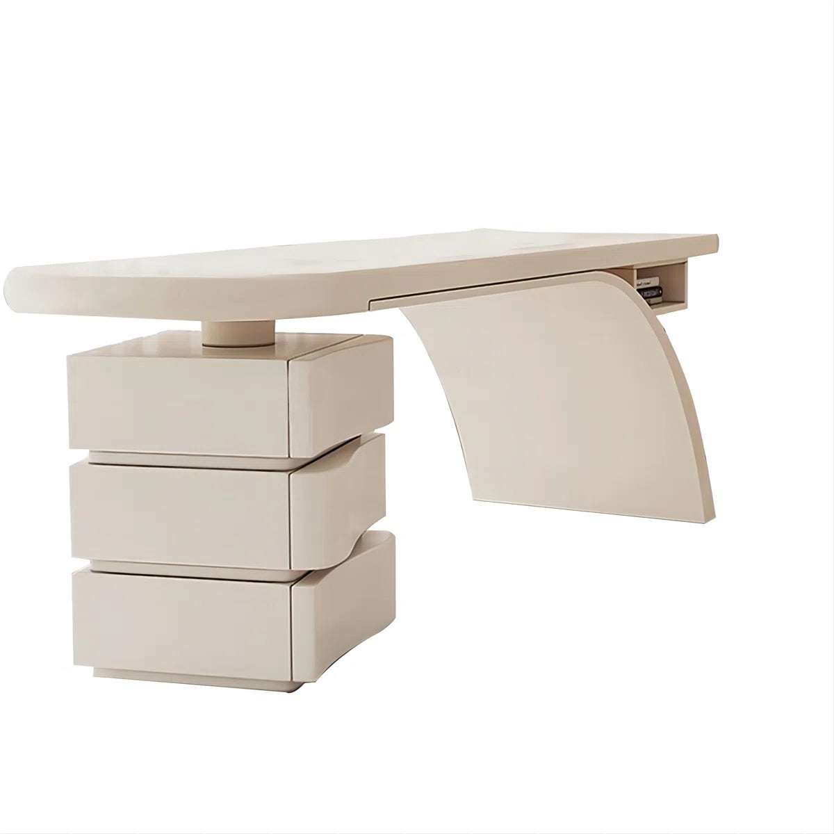 Modern Cream Writing Desk with Drawer & Shelf, Glossy Piano Lacquer Finish and Spacious Storage