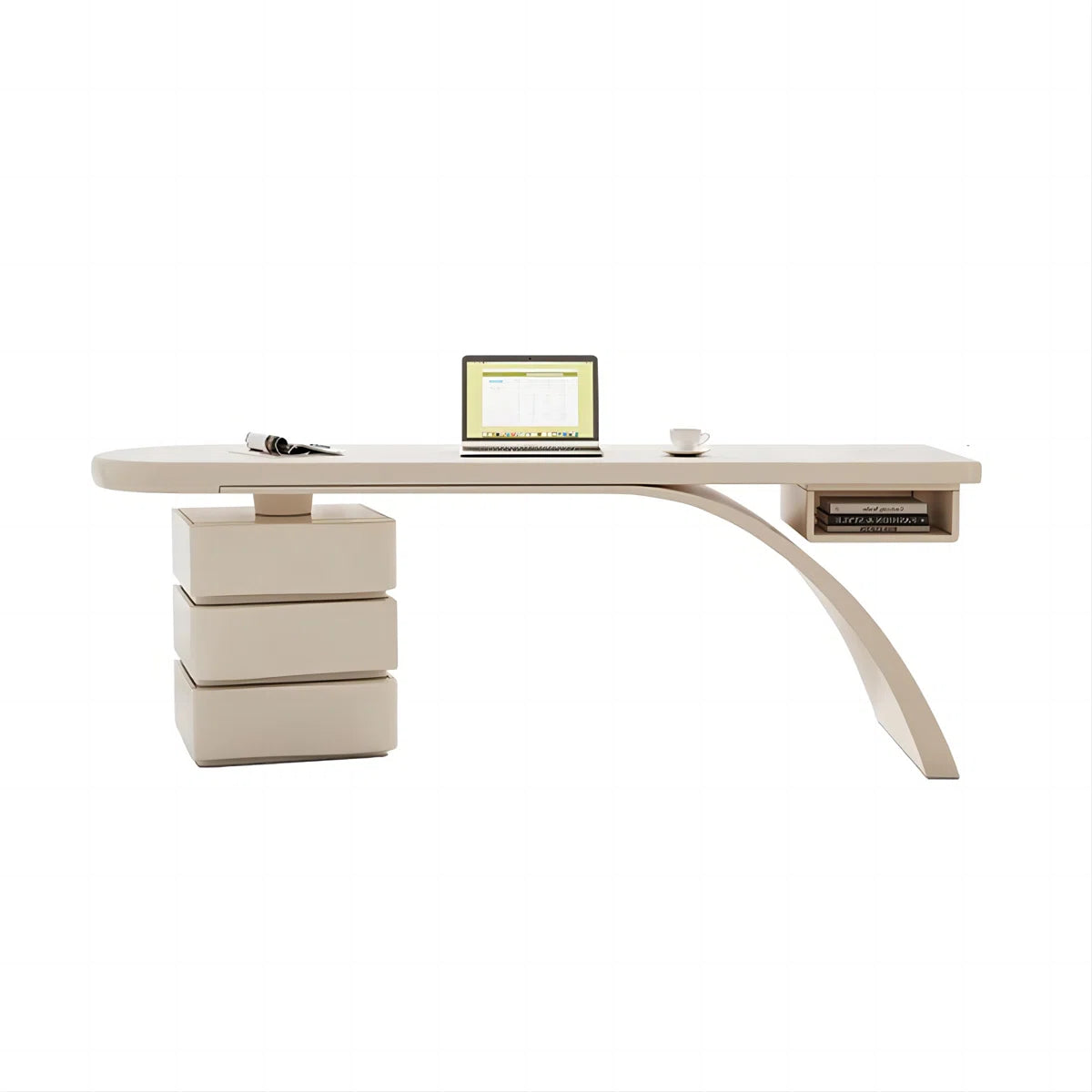 Modern Cream Writing Desk with Drawer & Shelf, Glossy Piano Lacquer Finish and Spacious Storage