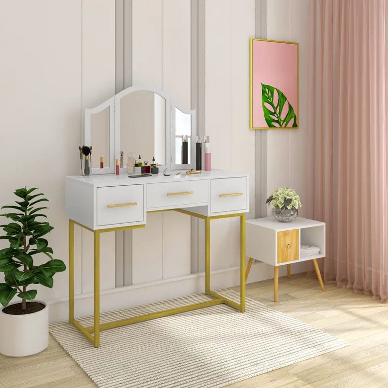 Vanity Desk, Makeup Vanity Desk with  Mirror, Makeup Table  and 3 Drawers, White