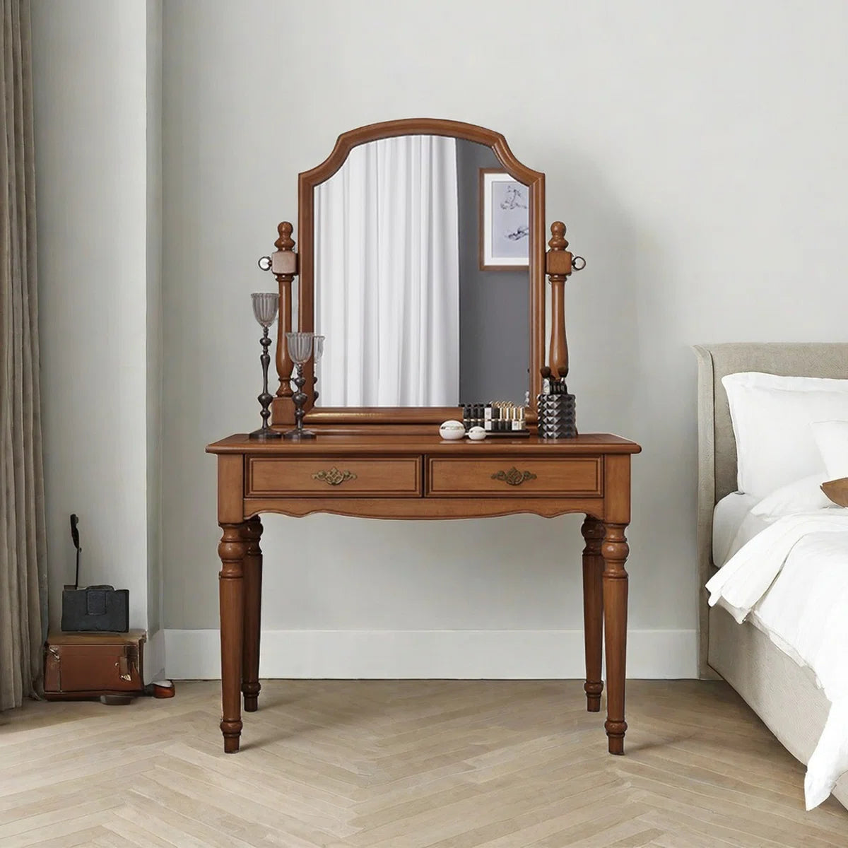 Premium Rubberwood Vintage Vanity Table with Detachable Mirror & Spacious Storage