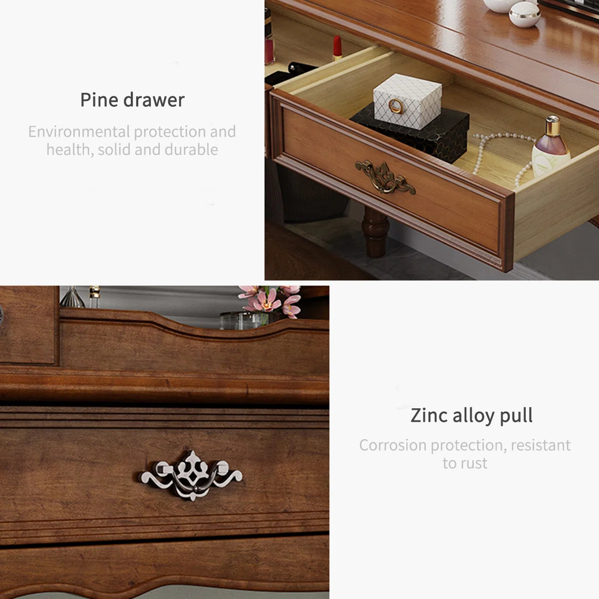 Premium Rubberwood Vintage Vanity Table with Detachable Mirror & Spacious Storage