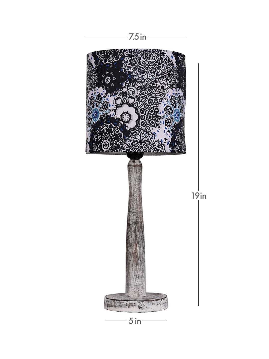Distress White Wooden Lamp with Blue Batik Print Shade