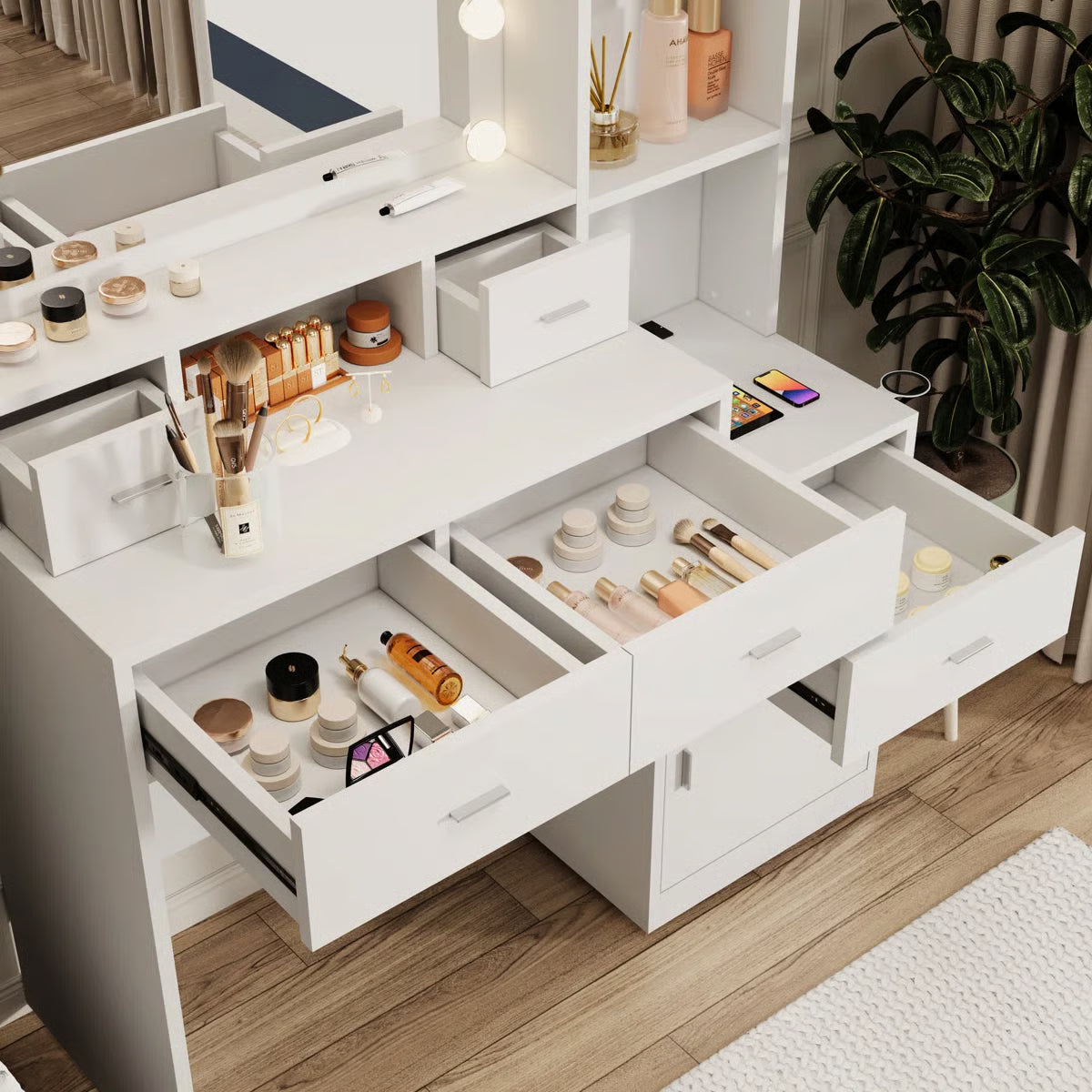 Bedroom Vanity Desk with Adjustable Mirror, 4 Drawers, 1 Cabinet & Storage Shelves