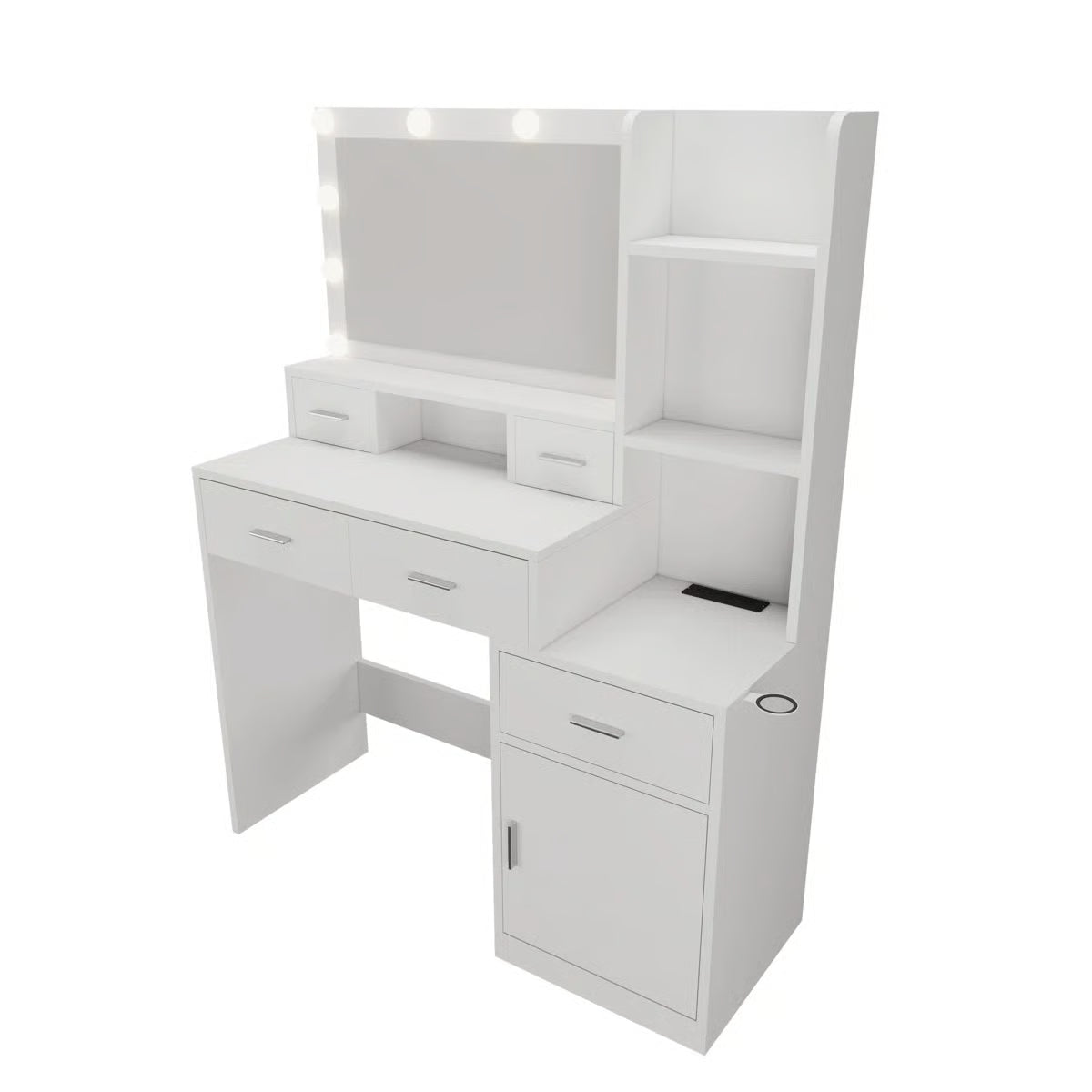 Bedroom Vanity Desk with Adjustable Mirror, 4 Drawers, 1 Cabinet & Storage Shelves