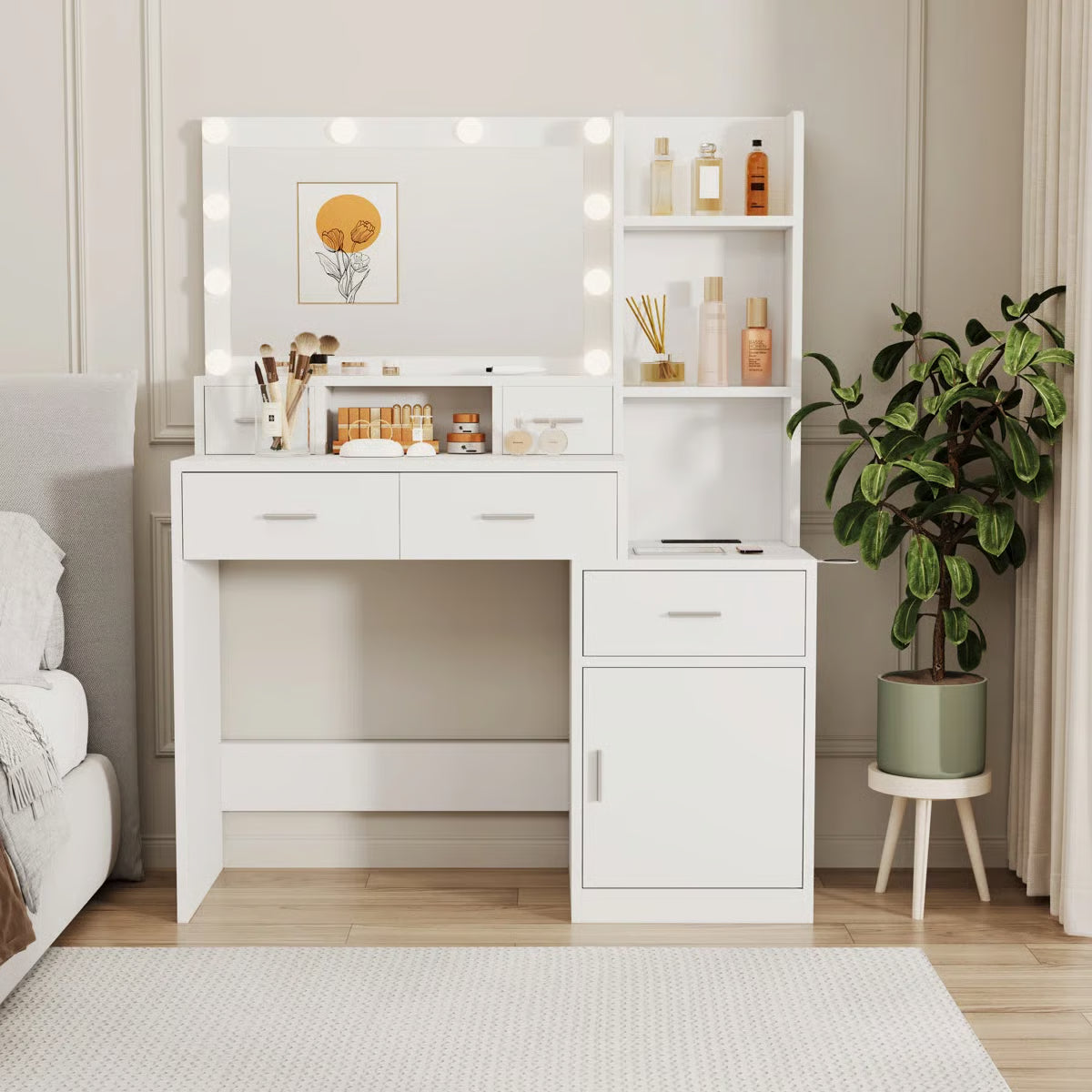 Bedroom Vanity Desk with Adjustable Mirror, 4 Drawers, 1 Cabinet & Storage Shelves-OUCH CART |Dressing table