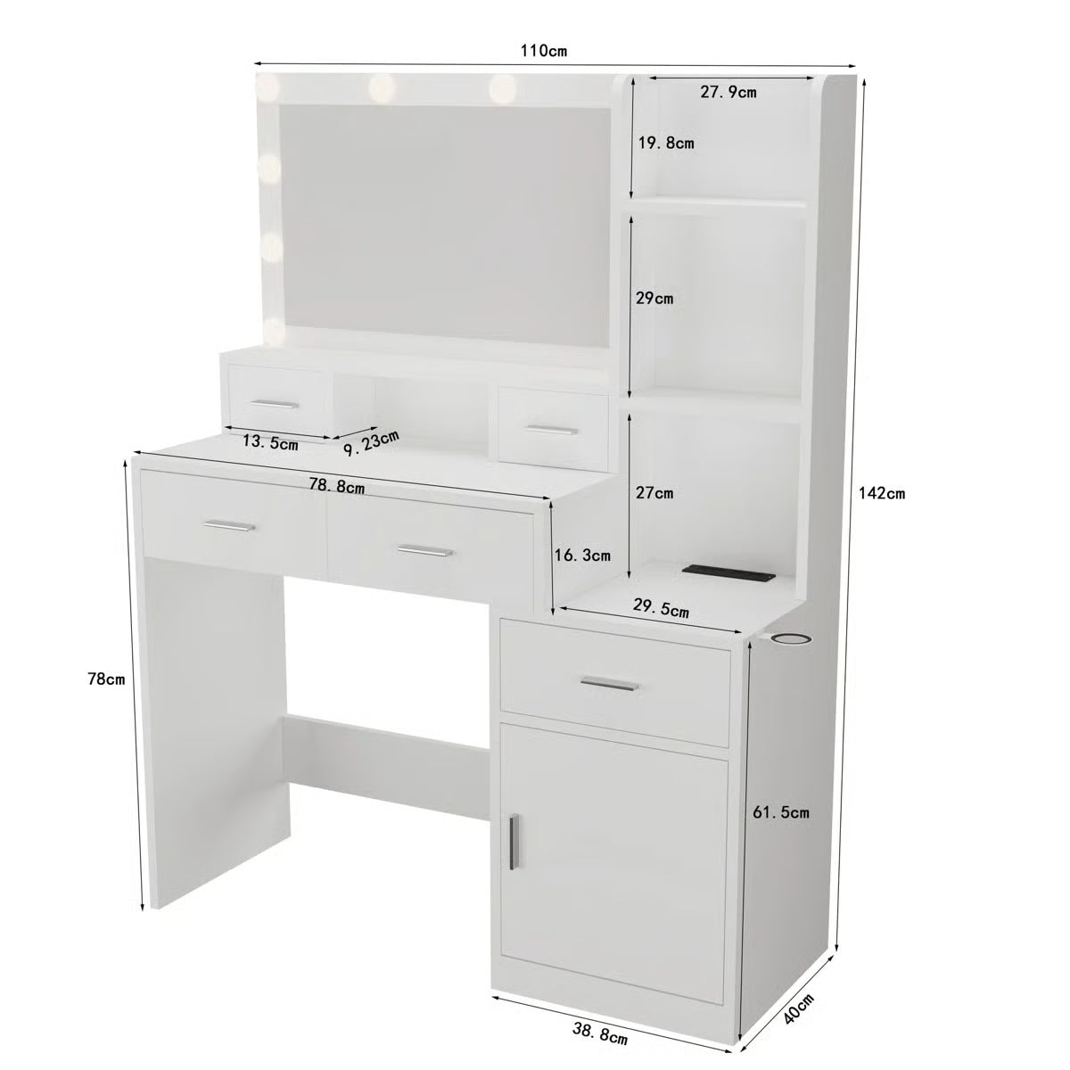 Bedroom Vanity Desk with Adjustable Mirror, 4 Drawers, 1 Cabinet & Storage Shelves