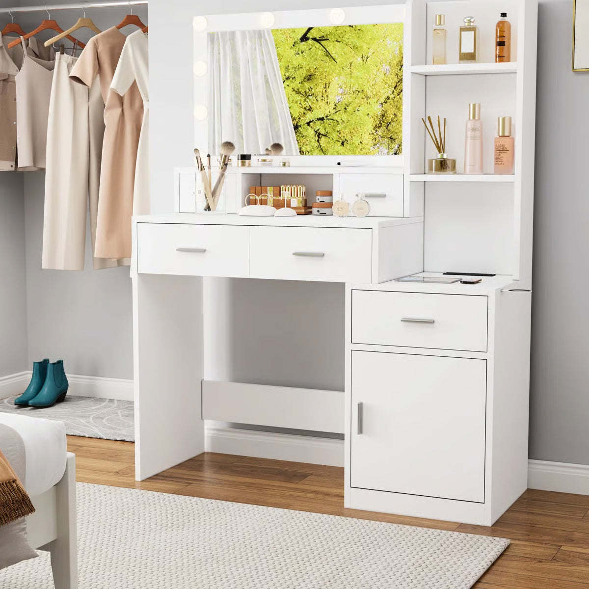 Bedroom Vanity Desk with Adjustable Mirror, 4 Drawers, 1 Cabinet & Storage Shelves