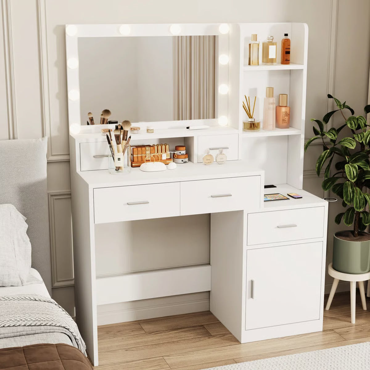 Bedroom Vanity Desk with Adjustable Mirror, 4 Drawers, 1 Cabinet & Storage Shelves-OUCH CART |Dressing table