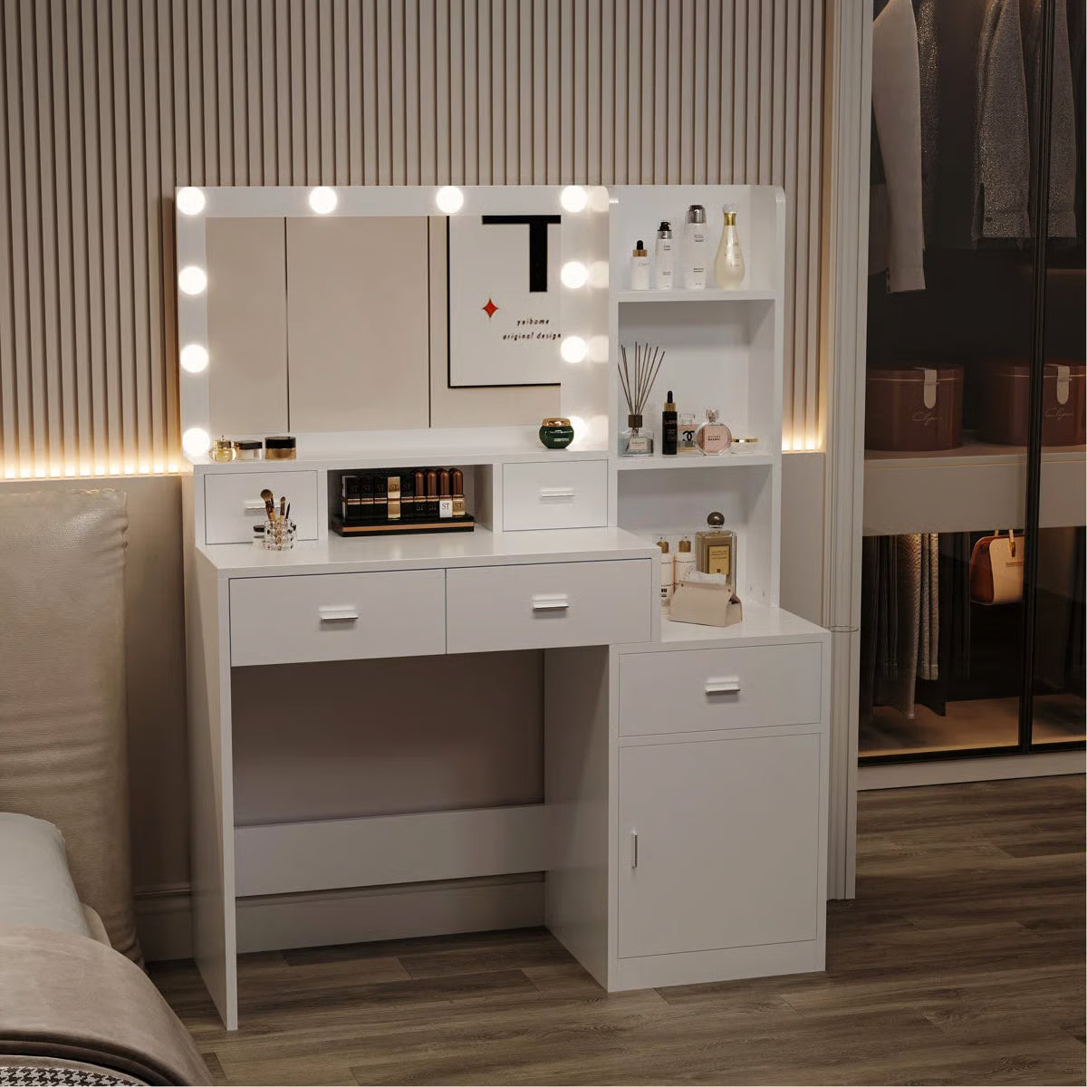 Bedroom Vanity Desk with Adjustable Mirror, 4 Drawers, 1 Cabinet & Storage Shelves