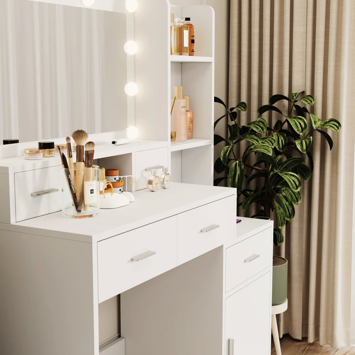 Bedroom Vanity Desk with Adjustable Mirror, 4 Drawers, 1 Cabinet & Storage Shelves