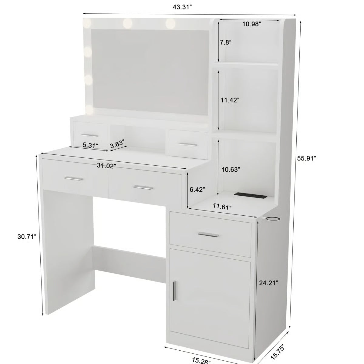 Bedroom Vanity Desk with Adjustable Mirror, 4 Drawers, 1 Cabinet & Storage Shelves-OUCH CART |Dressing table