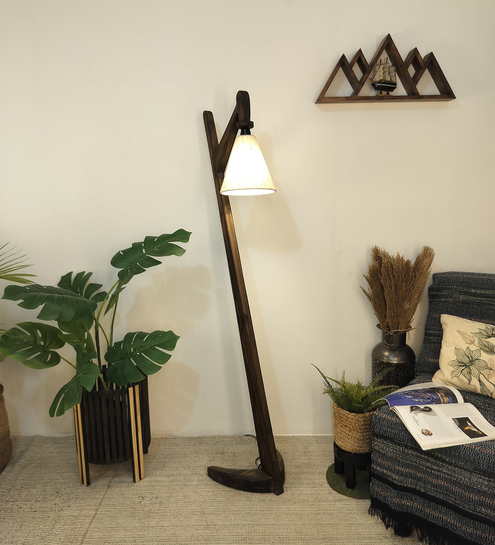 Druid Wooden Floor Lamp with Brown Base and Jute Fabric Lampshade (BULB NOT INCLUDED)