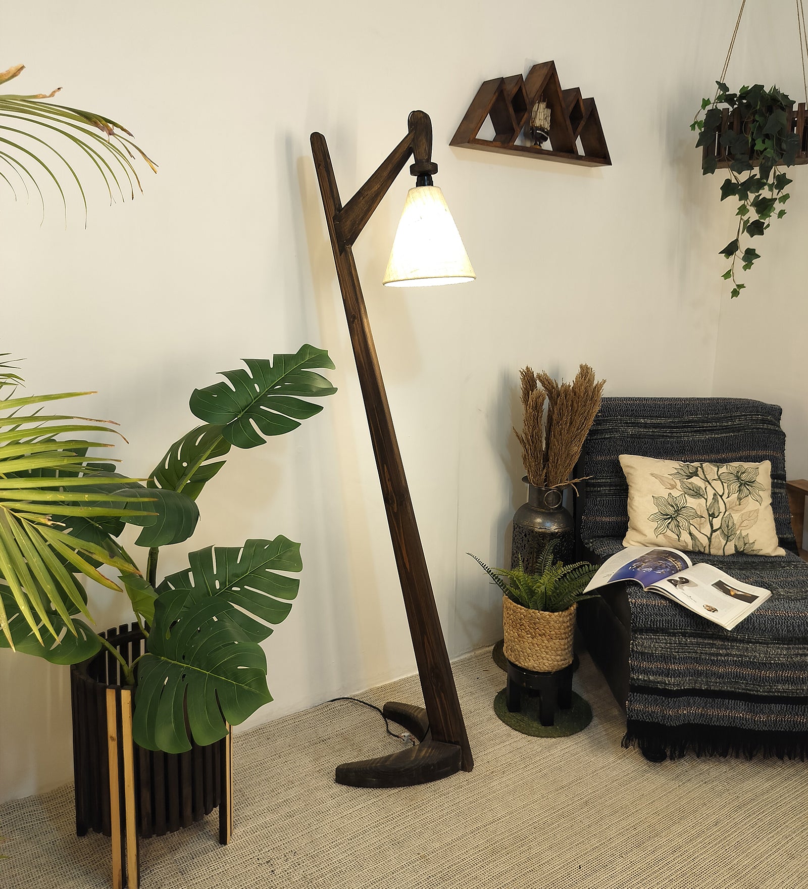 Druid Wooden Floor Lamp with Brown Base and Jute Fabric Lampshade (BULB NOT INCLUDED)