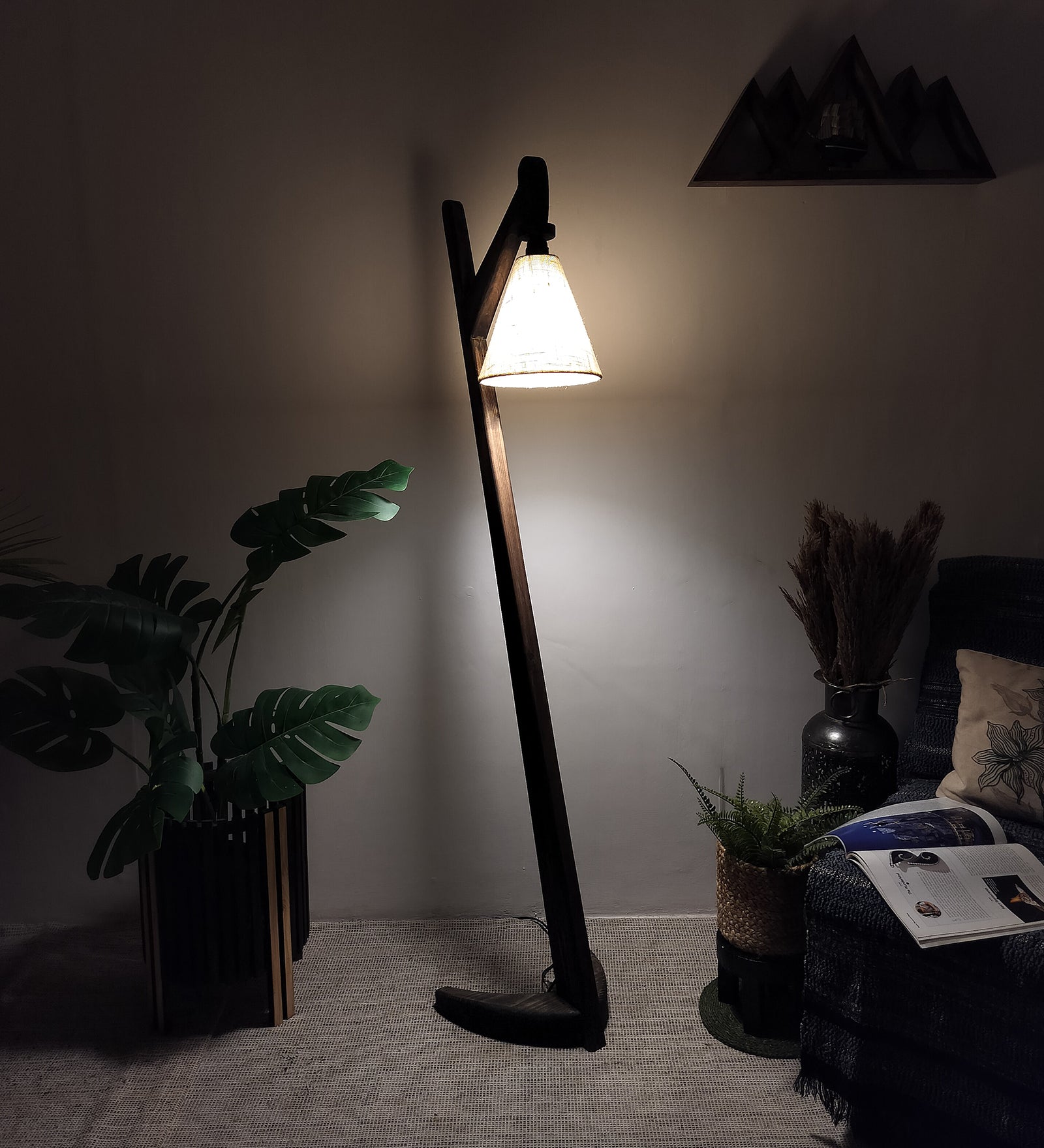 Druid Wooden Floor Lamp with Brown Base and Jute Fabric Lampshade (BULB NOT INCLUDED)