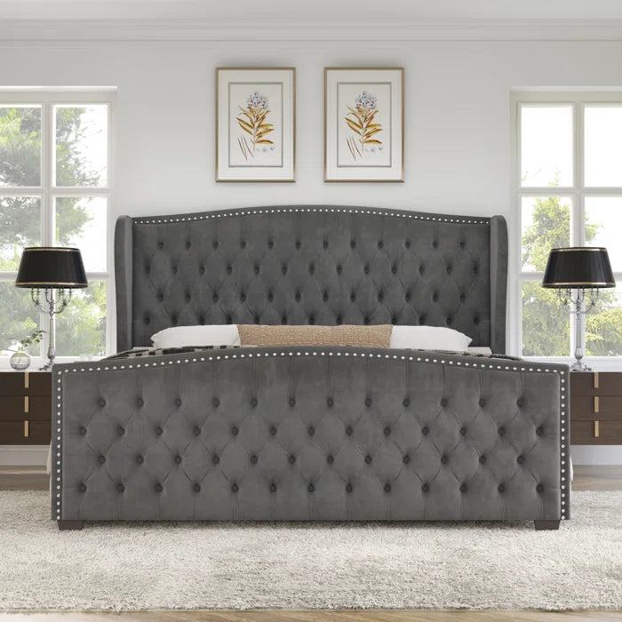 Deep Button Tufted Upholstered Bed with Nailhead Trim Wingback Headboard