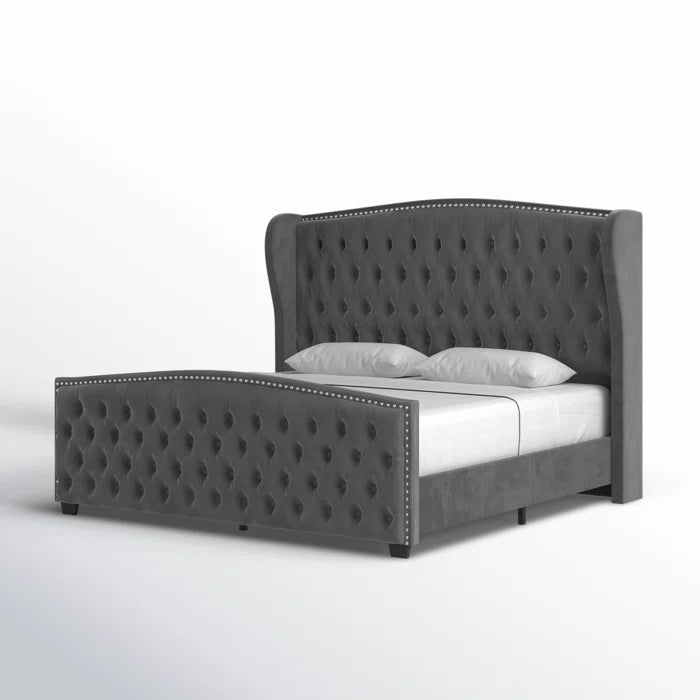 Deep Button Tufted Upholstered Bed with Nailhead Trim Wingback Headboard
