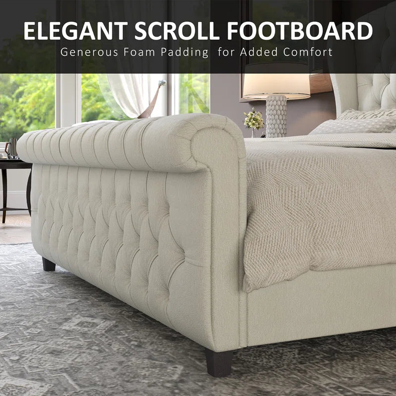 Dulane Chenille / Velvet Upholstered Sleigh Bed with Scroll Wingback Headboard - OUCHCART |Bed 