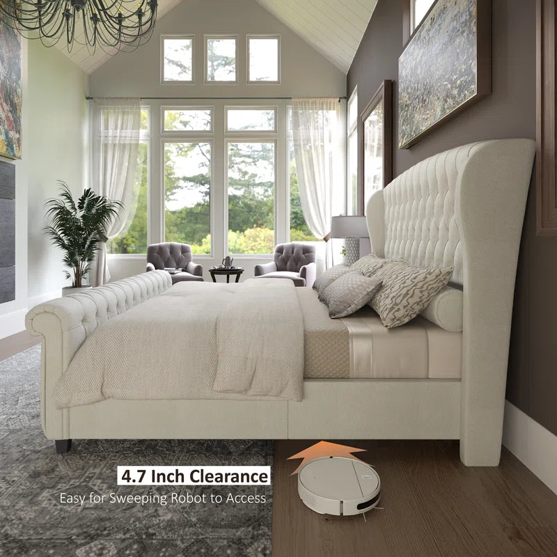 Dulane Chenille / Velvet Upholstered Sleigh Bed with Scroll Wingback Headboard