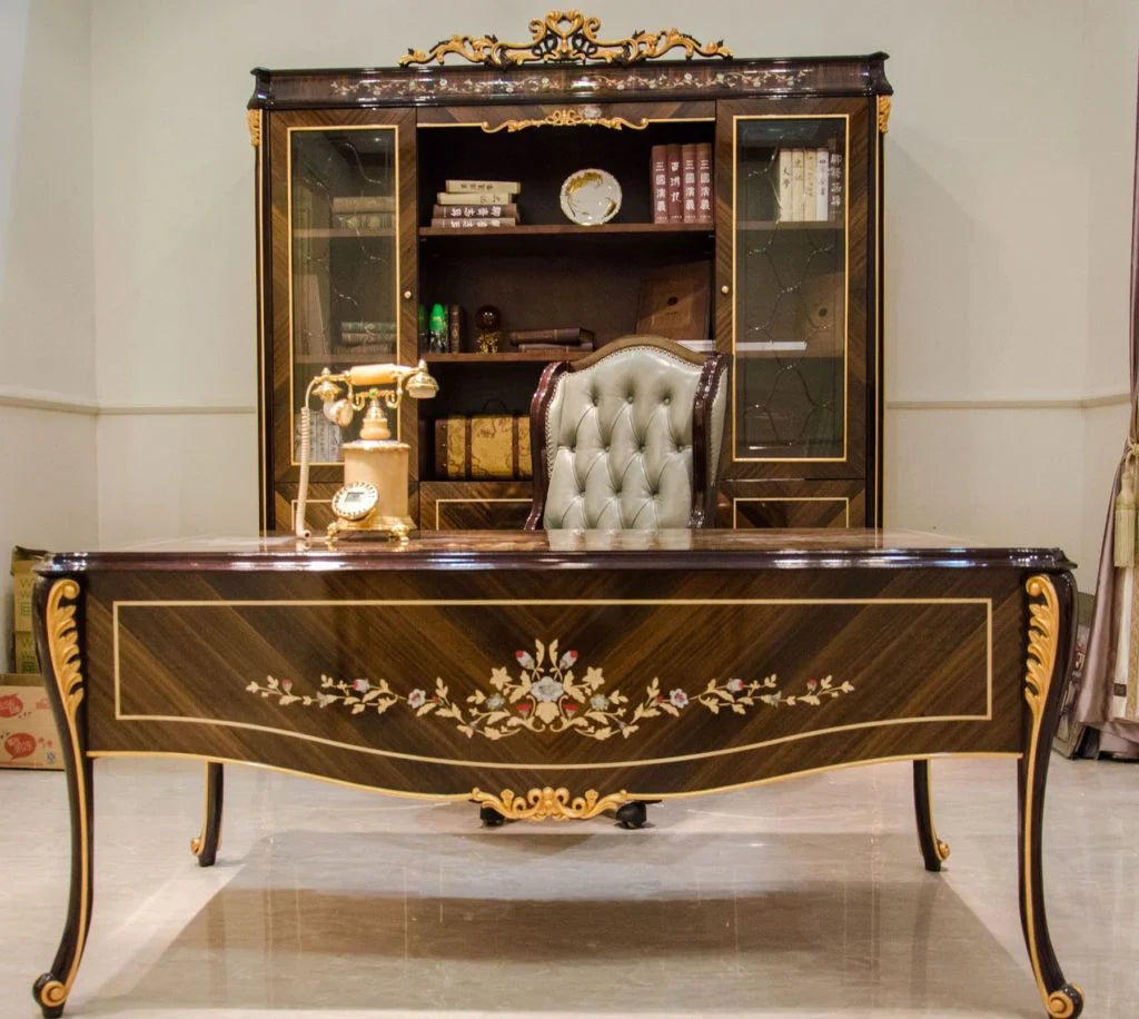 Luxury Executive Office Desk with Ornate Floral Inlay