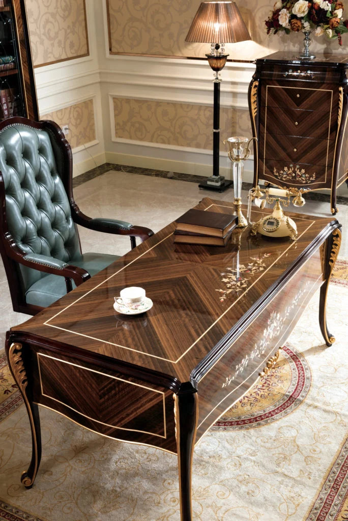 Luxury Executive Office Desk with Ornate Floral Inlay