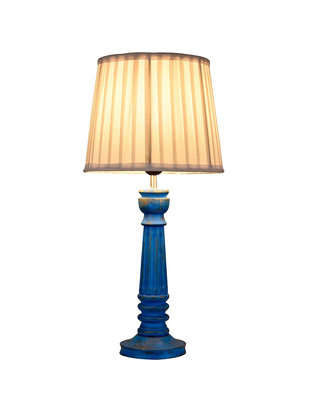 Wooden Pillar Blue lamp with pleeted White Soft Shade