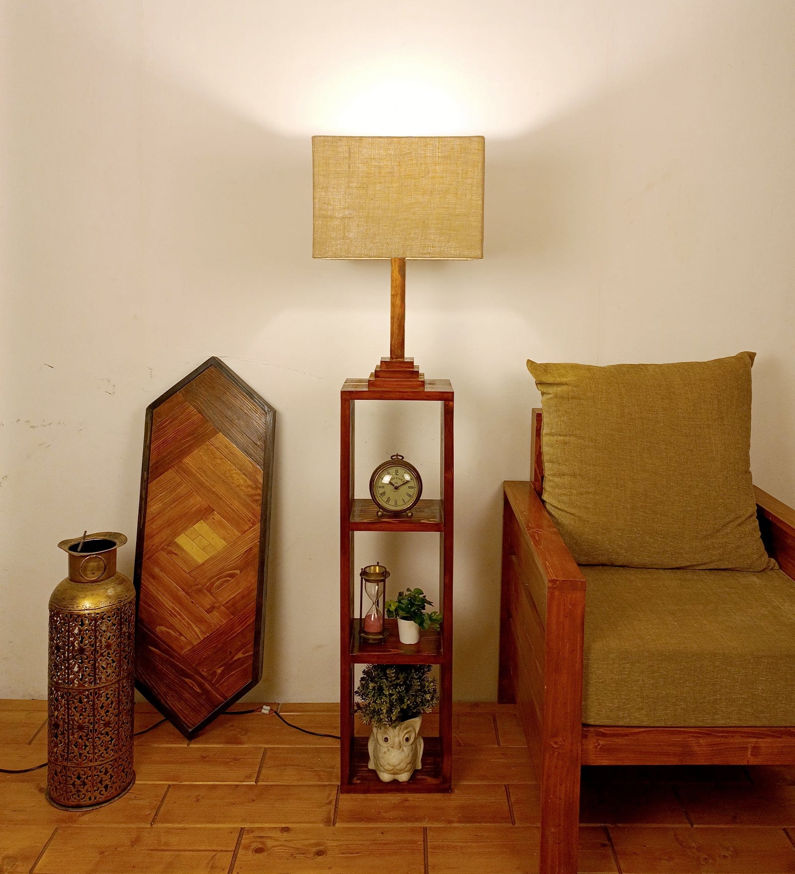 Ebenezer Wooden Floor Lamp with Brown Base and Beige Fabric Lampshade (BULB NOT INCLUDED)